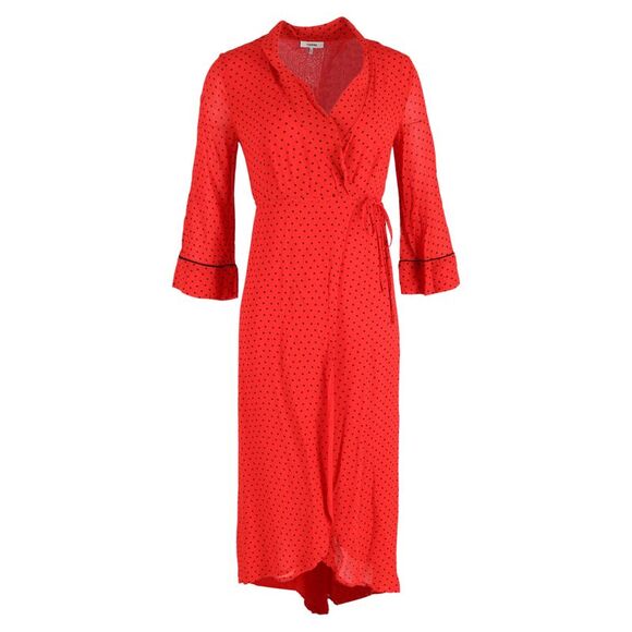Ganni Polka-Dot Chiffon Wrap Midi Dress In Red Viscose